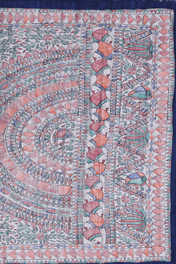 Tussar Madhubani Silk Saree Plain Blue With Contrast Border