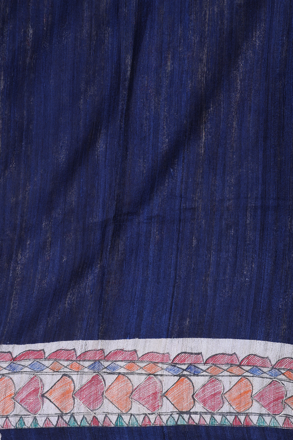 Tussar Madhubani Silk Saree Plain Blue With Contrast Border