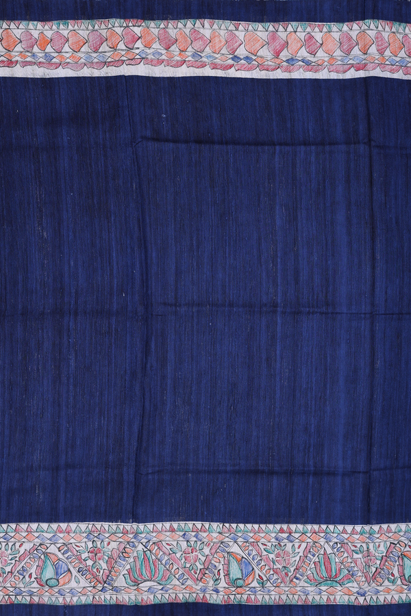 Tussar Madhubani Silk Saree Plain Blue With Contrast Border