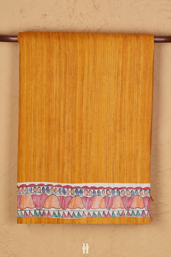 Tussar Silk Saree Plain Yellow With Madhubani Border