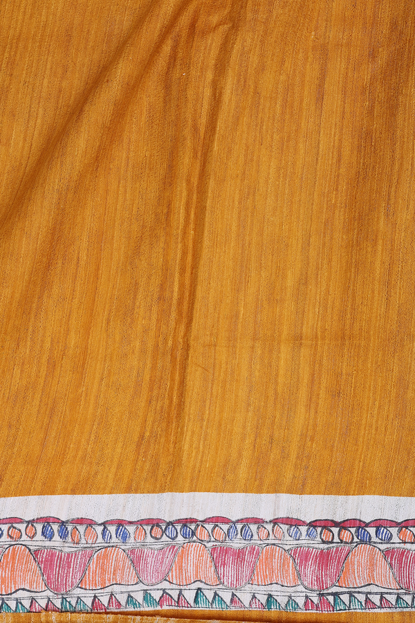 Tussar Silk Saree Plain Yellow With Madhubani Border