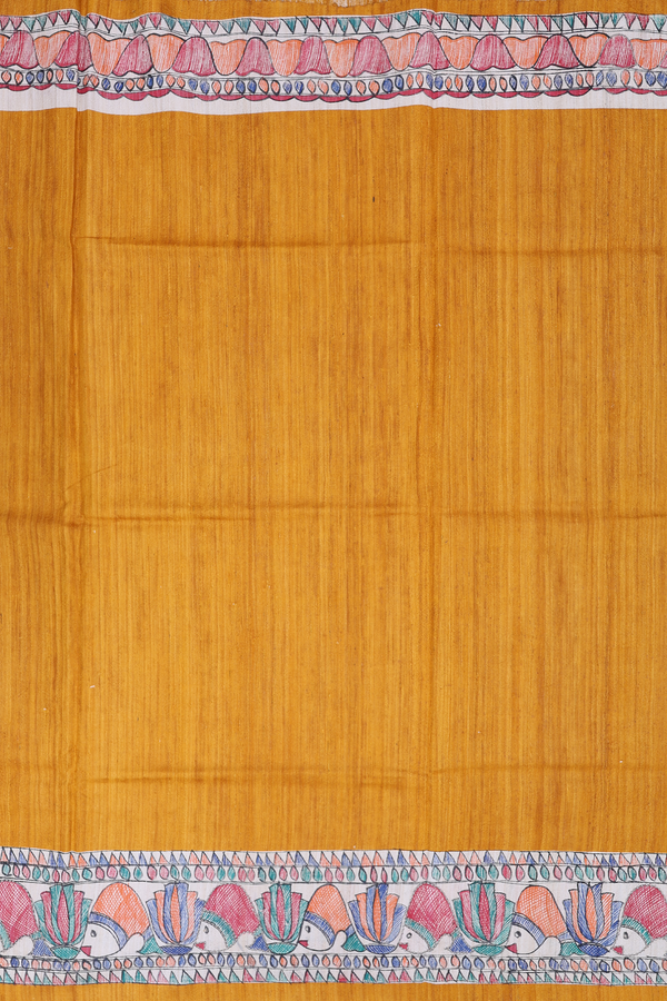 Tussar Silk Saree Plain Yellow With Madhubani Border
