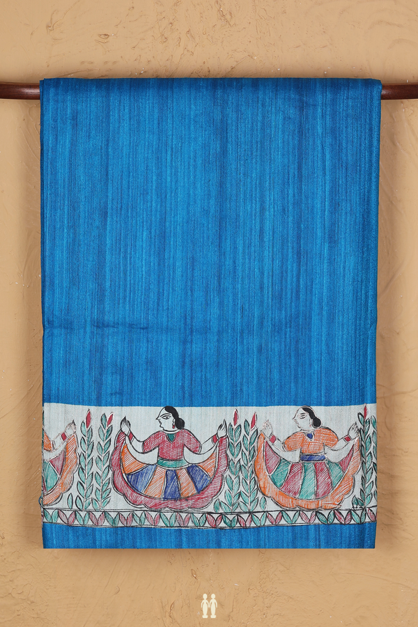 Tussar Silk Saree In Plain Blue With Madhubani Border