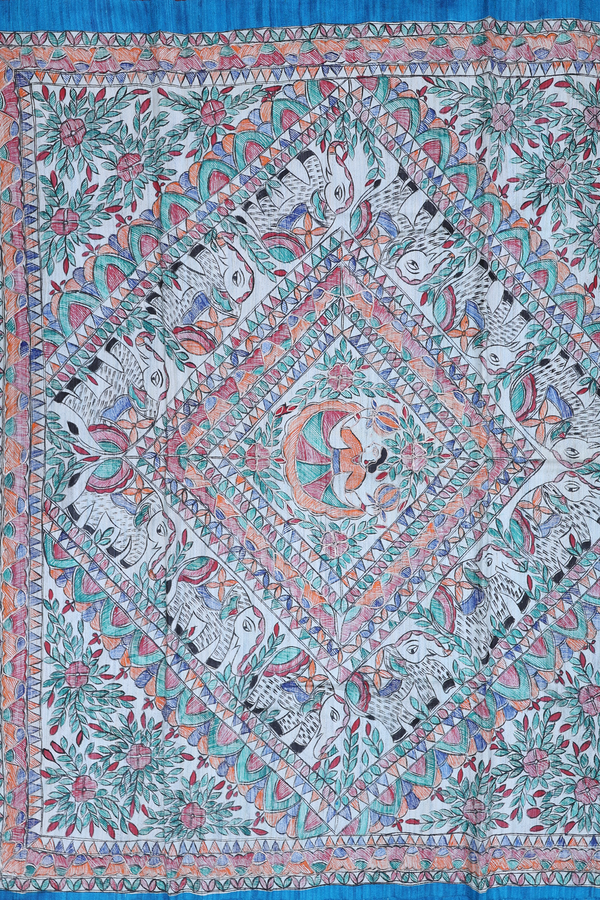 Tussar Silk Saree In Plain Blue With Madhubani Border