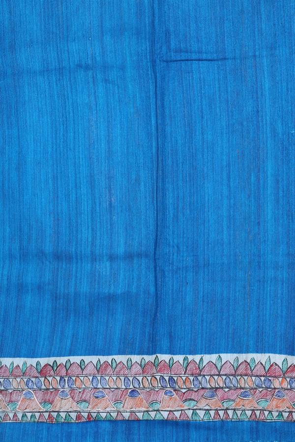 Tussar Silk Saree In Plain Blue With Madhubani Border