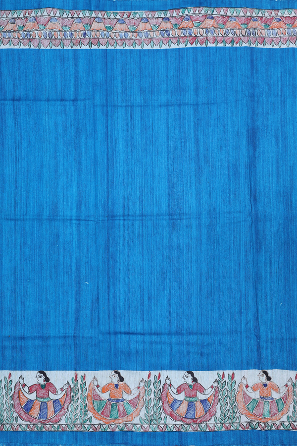 Tussar Silk Saree In Plain Blue With Madhubani Border