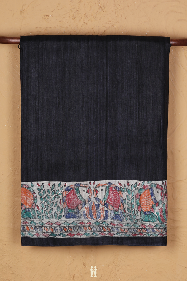 Tussar Silk Saree Plain Black With Madhubani Border