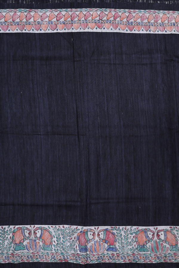 Tussar Silk Saree Plain Black With Madhubani Border