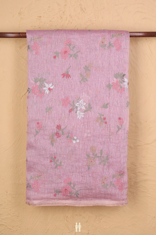 Linen Saree In Light Mauve With Embroidered Design