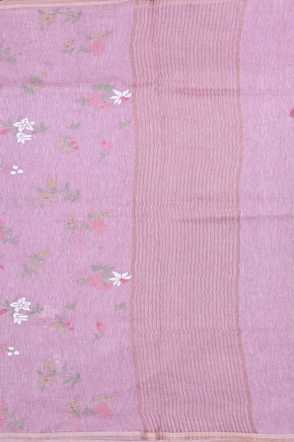 Linen Saree In Light Mauve With Embroidered Design