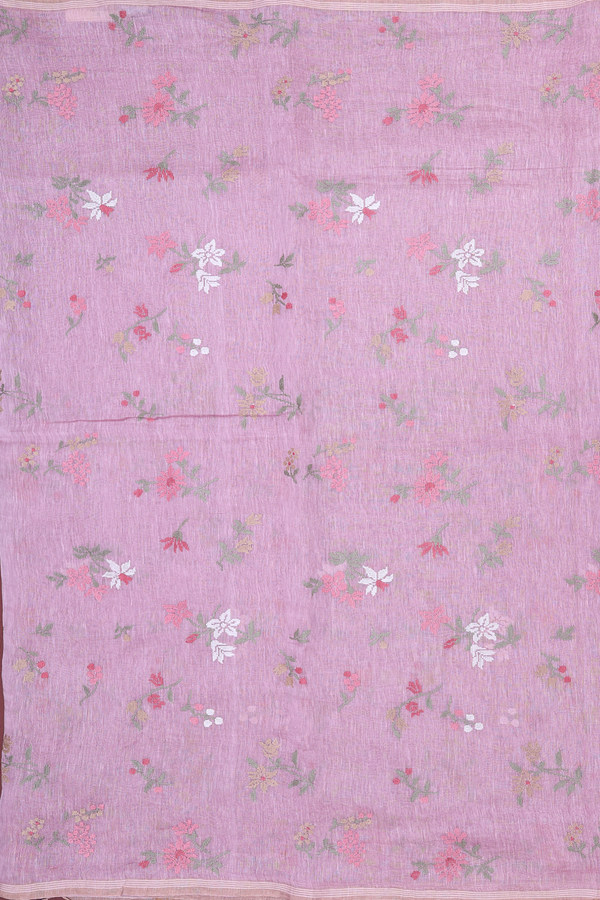 Linen Saree In Light Mauve With Embroidered Design