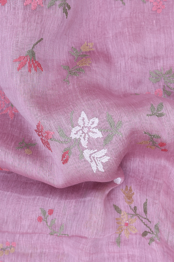 Linen Saree In Light Mauve With Embroidered Design