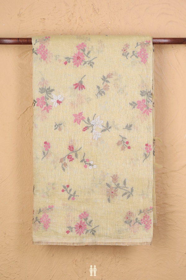 Linen Saree In Light Yellow With Embroidered Design