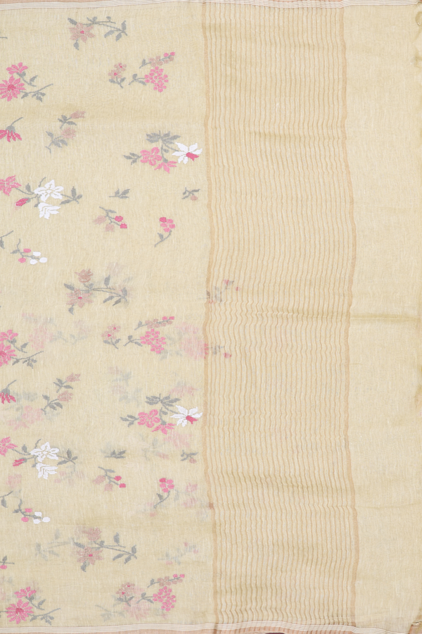 Linen Saree In Light Yellow With Embroidered Design