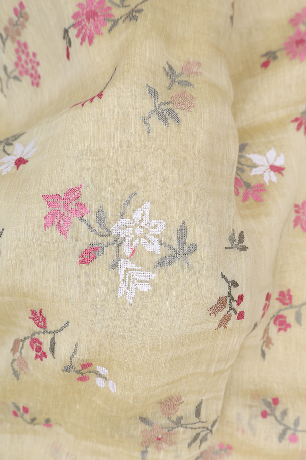 Linen Saree In Light Yellow With Embroidered Design