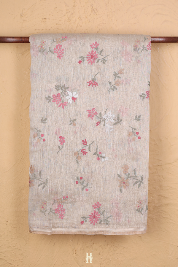 Linen Saree In Cream Color With Embroidered Design