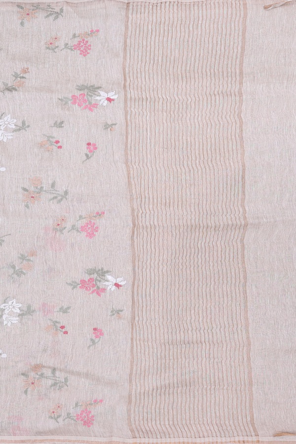 Linen Saree In Cream Color With Embroidered Design