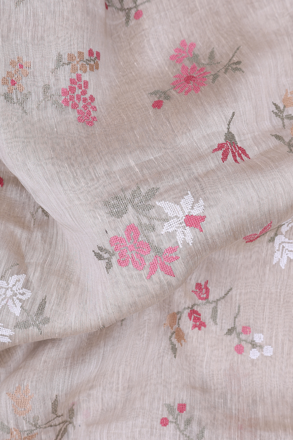 Linen Saree In Cream Color With Embroidered Design