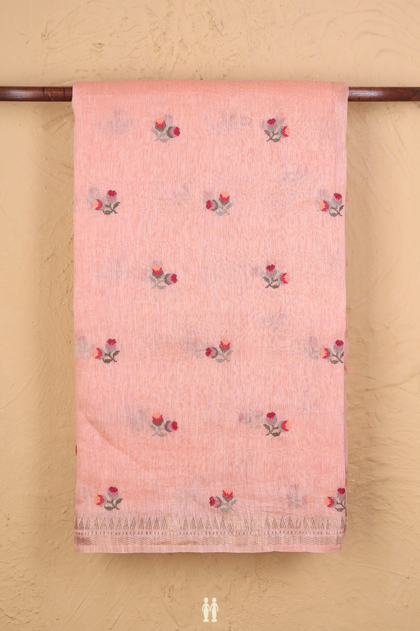 Linen Saree In Peach With Floral Buttas