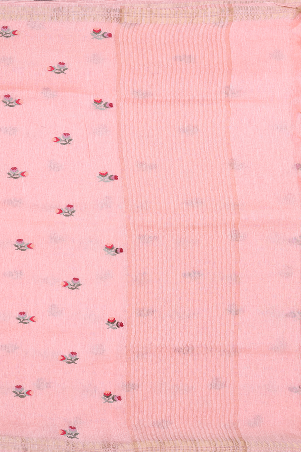 Linen Saree In Peach With Floral Buttas