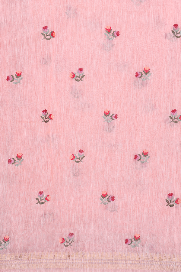 Linen Saree In Peach With Floral Buttas