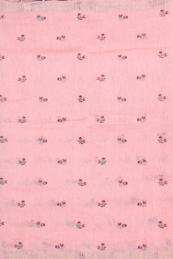 Linen Saree In Peach With Floral Buttas