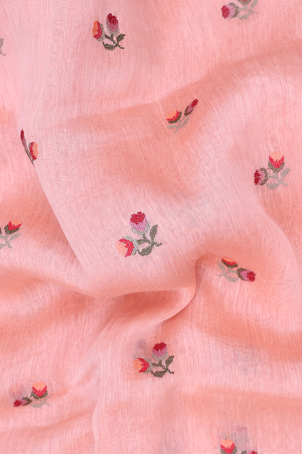 Linen Saree In Peach With Floral Buttas