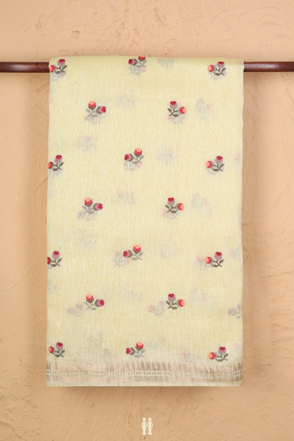 Linen Saree In Light Yellow With Floral Buttas