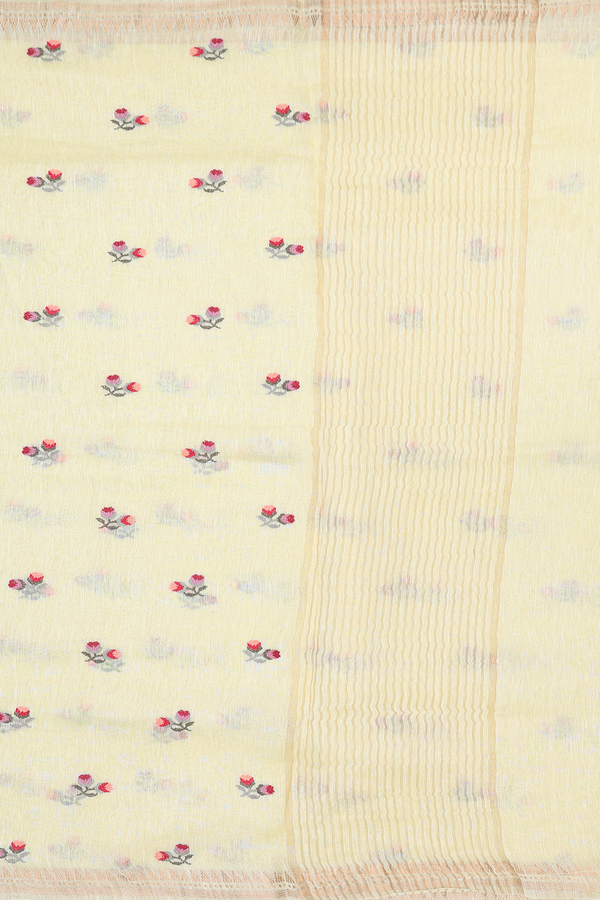 Linen Saree In Light Yellow With Floral Buttas