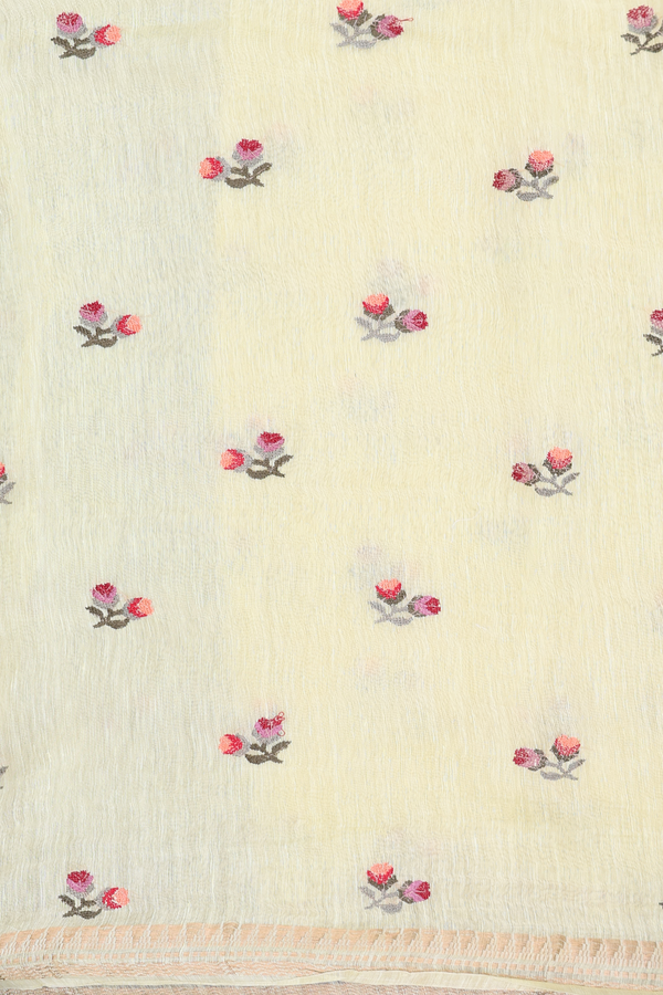 Linen Saree In Light Yellow With Floral Buttas