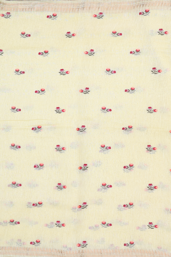 Linen Saree In Light Yellow With Floral Buttas