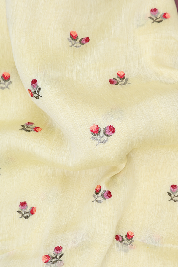 Linen Saree In Light Yellow With Floral Buttas