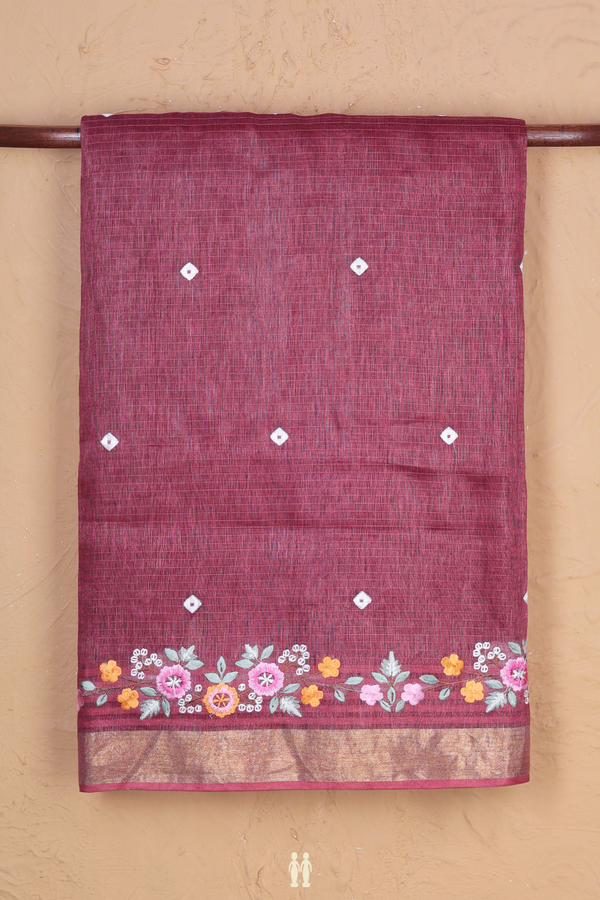 Linen Saree In Berry Brown With Threadwork Buttas