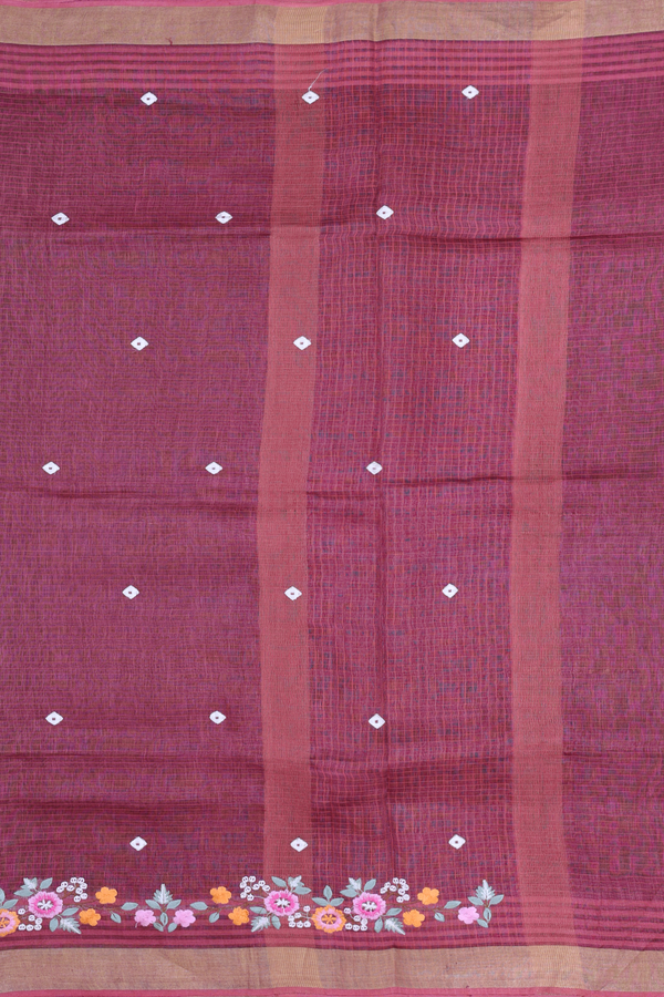 Linen Saree In Berry Brown With Threadwork Buttas