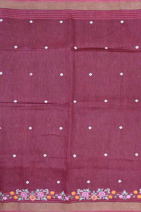 Linen Saree In Berry Brown With Threadwork Buttas