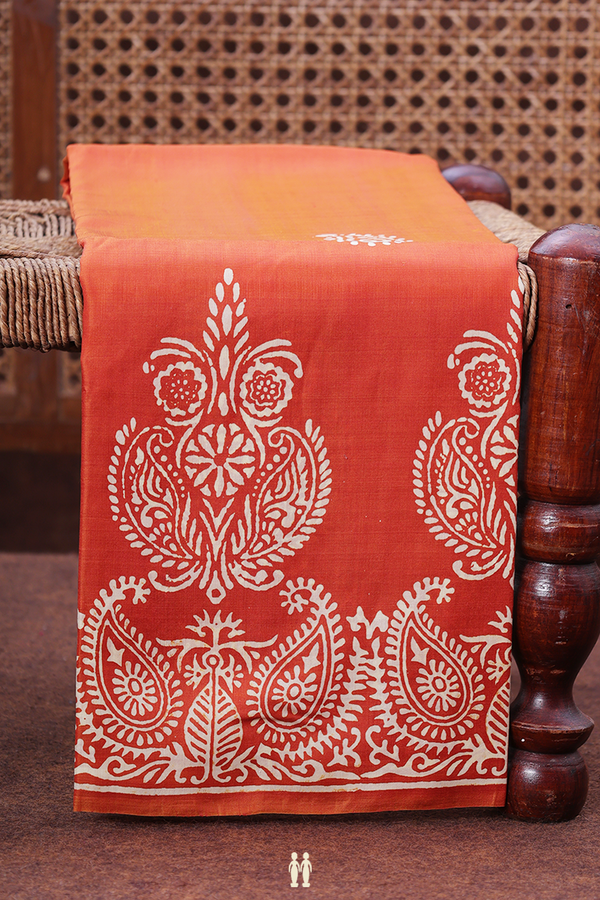 Printed Silk Saree In Rust Orange With Paisley Motifs