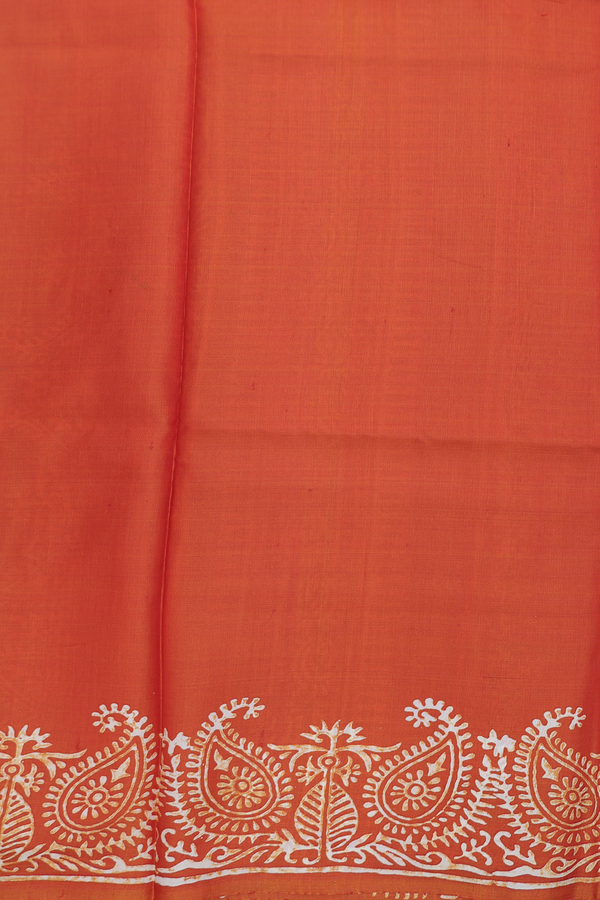 Printed Silk Saree In Rust Orange With Paisley Motifs