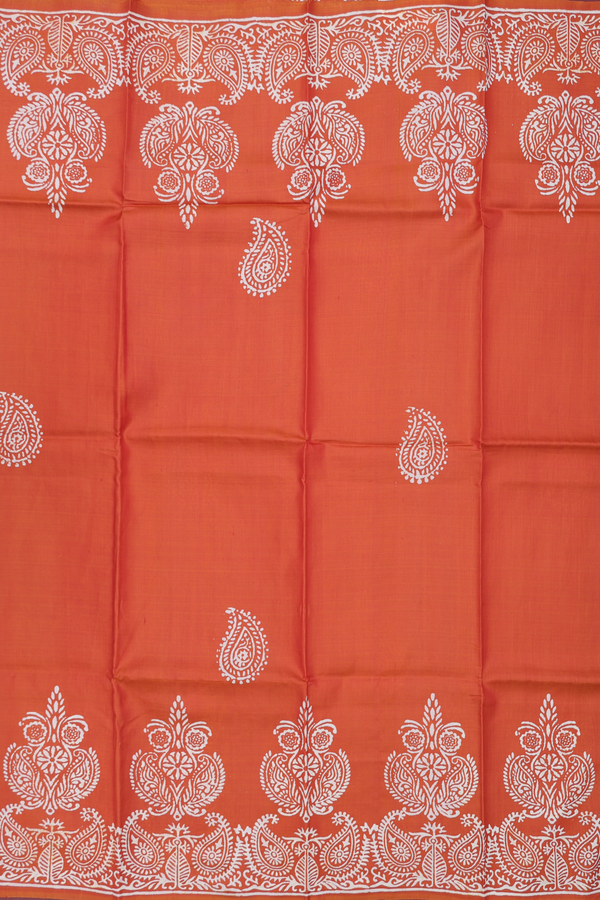 Printed Silk Saree In Rust Orange With Paisley Motifs