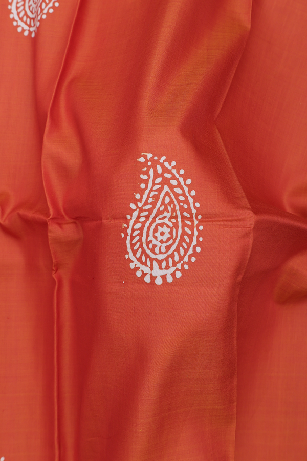 Printed Silk Saree In Rust Orange With Paisley Motifs