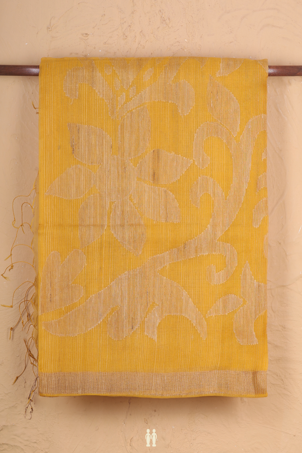 Bailu Silk Saree In Saffron Yellow With Floral Design