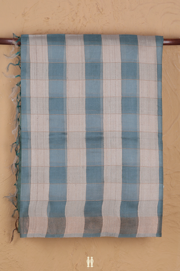 Tussar Silk Saree In Green And Cream With Checks Design
