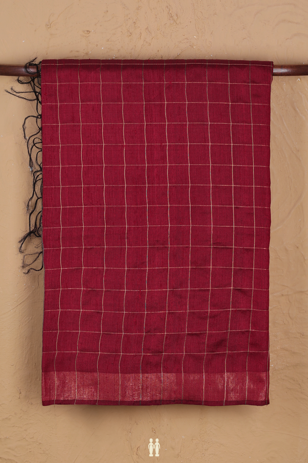 Tussar Silk Saree In Crimson Red With Checks Design