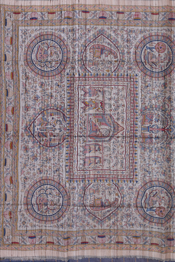 Tussar Silk Saree In Prussian Blue With Checks Design