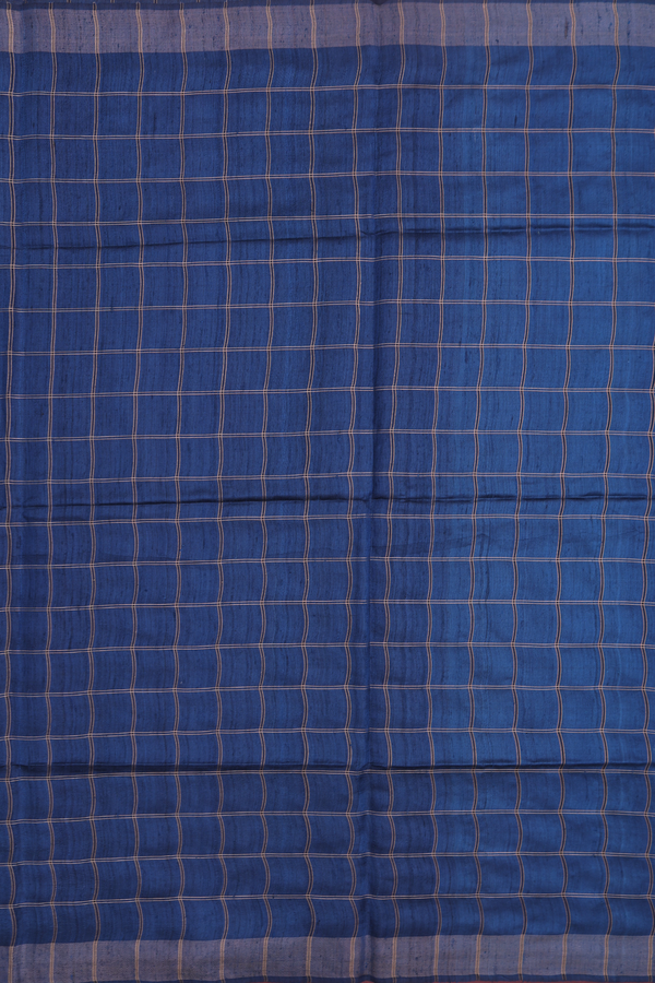 Tussar Silk Saree In Prussian Blue With Checks Design