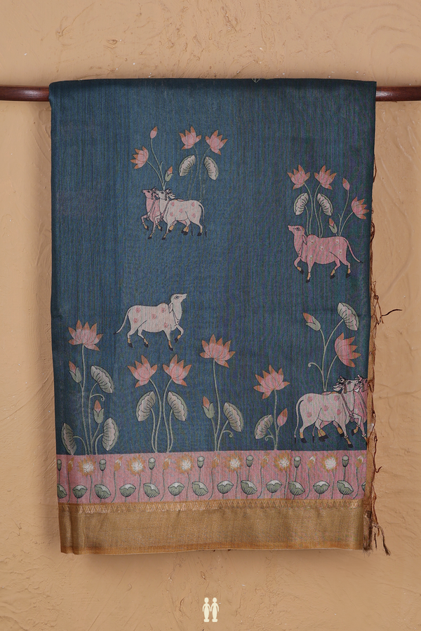 Tussar Silk Saree In Pine Green With Cow Motifs