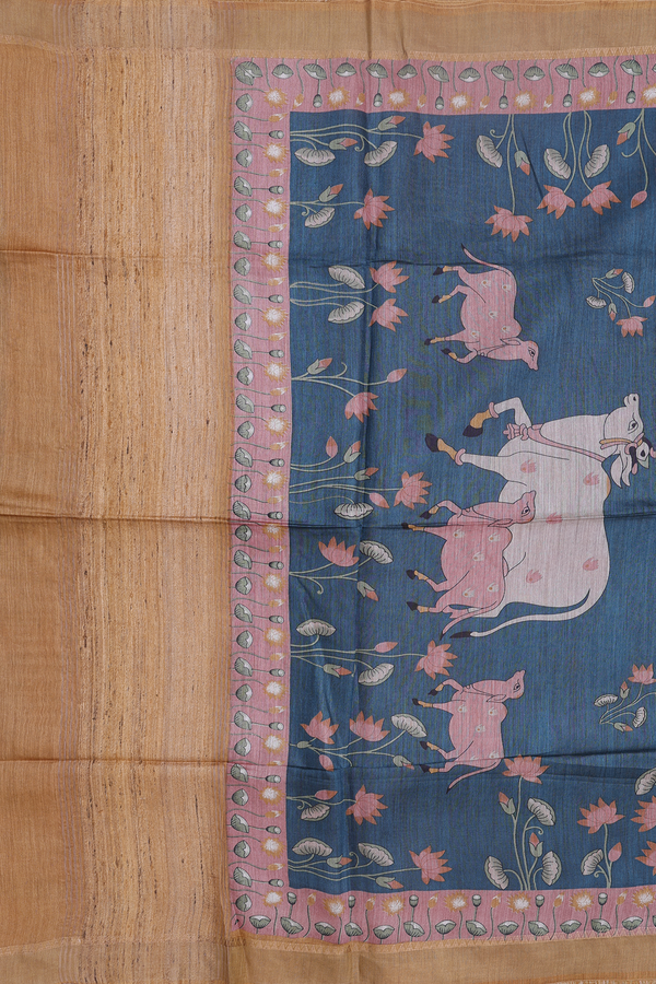 Tussar Silk Saree In Pine Green With Cow Motifs