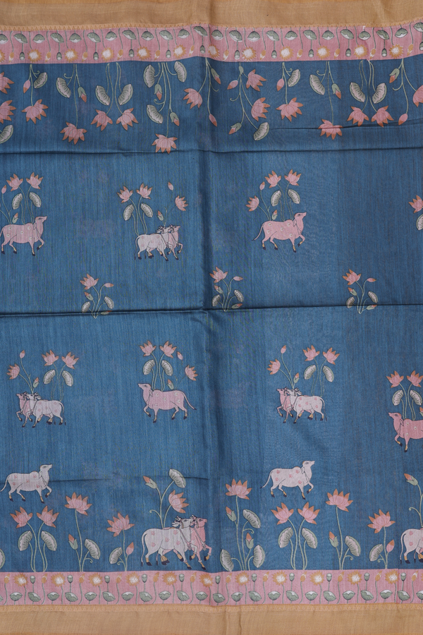 Tussar Silk Saree In Pine Green With Cow Motifs