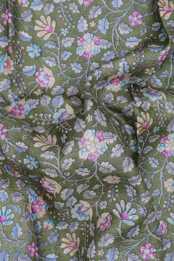 Tussar Silk Saree In Green With Floral Printed Design