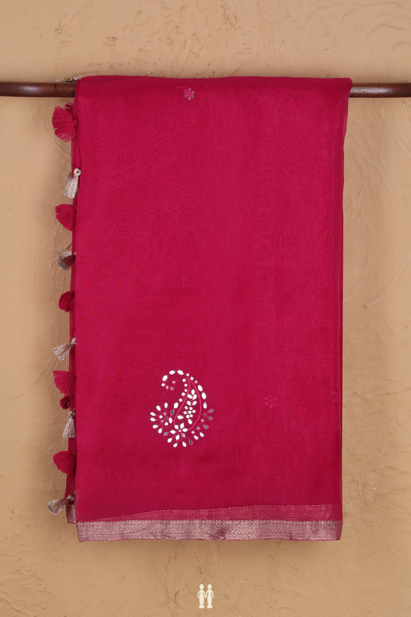Organza Silk Saree In Dark Pink With Mirror Work Motifs