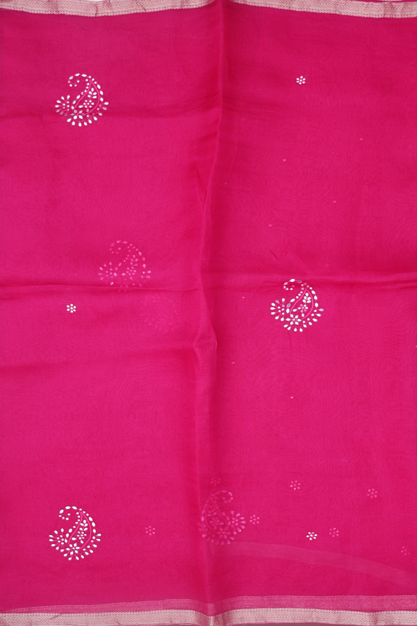 Organza Silk Saree In Dark Pink With Mirror Work Motifs